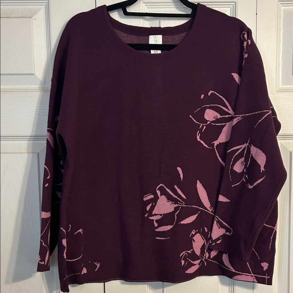 JOIE Plum Crewneck Sweater Pink Floral Accents 1X Pullover Stretch Jewel Tone
